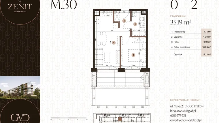 Rzut - Mieszkanie na sprzedaż 2 pokoje o powierzchni 35,19 m² - numer M30 w Zenit Głowackiego