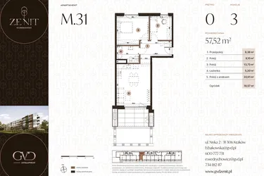 Rzut - Mieszkanie na sprzedaż 3 pokoje o powierzchni 57,52 m² - numer M31 w Zenit Głowackiego
