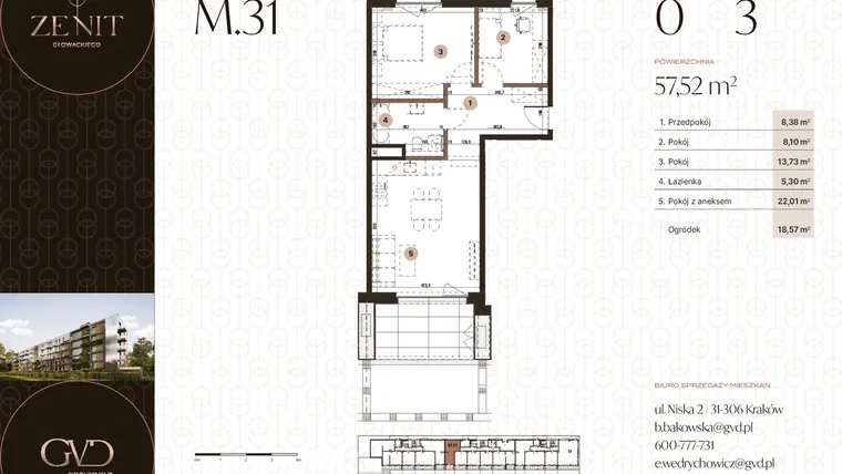 Rzut - Mieszkanie na sprzedaż 3 pokoje o powierzchni 57,52 m² - numer M31 w Zenit Głowackiego