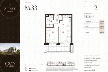 Rzut - Mieszkanie na sprzedaż 2 pokoje o powierzchni 35,12 m² - numer M33 w Zenit Głowackiego