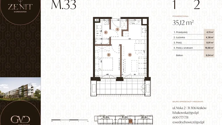 Rzut - Mieszkanie na sprzedaż 2 pokoje o powierzchni 35,12 m² - numer M33 w Zenit Głowackiego