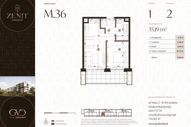 Rzut - Mieszkanie na sprzedaż 2 pokoje o powierzchni 35,19 m² - numer M36 w Zenit Głowackiego