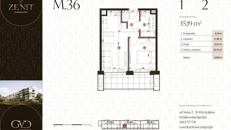 Rzut - Mieszkanie na sprzedaż 2 pokoje o powierzchni 35,19 m² - numer M36 w Zenit Głowackiego