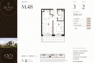 Rzut - Mieszkanie na sprzedaż 2 pokoje o powierzchni 35,19 m² - numer M48 w Zenit Głowackiego