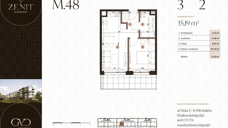 Rzut - Mieszkanie na sprzedaż 2 pokoje o powierzchni 35,19 m² - numer M48 w Zenit Głowackiego