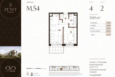 Rzut - Mieszkanie na sprzedaż 2 pokoje o powierzchni 35,19 m² - numer M54 w Zenit Głowackiego