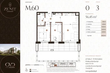 Rzut - Mieszkanie na sprzedaż 3 pokoje o powierzchni 56,45 m² - numer M60 w Zenit Głowackiego