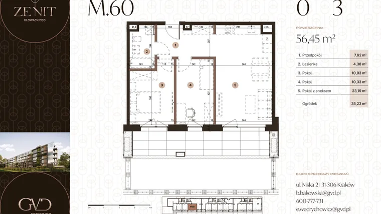 Rzut - Mieszkanie na sprzedaż 3 pokoje o powierzchni 56,45 m² - numer M60 w Zenit Głowackiego