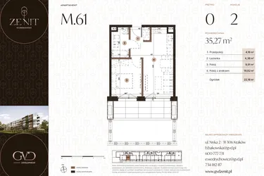 Rzut - Mieszkanie na sprzedaż 2 pokoje o powierzchni 35,27 m² - numer M61 w Zenit Głowackiego