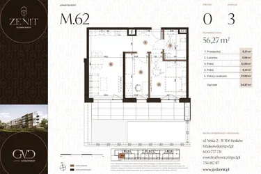 Rzut - Mieszkanie na sprzedaż 3 pokoje o powierzchni 55,81 m² - numer M62 w Zenit Głowackiego