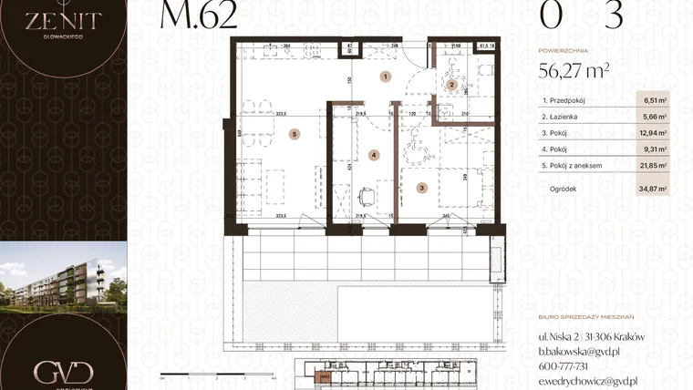 Rzut - Mieszkanie na sprzedaż 3 pokoje o powierzchni 55,81 m² - numer M62 w Zenit Głowackiego