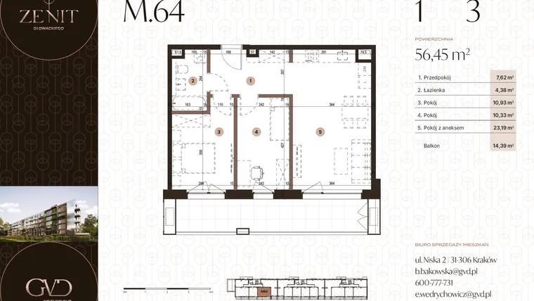 Rzut - Mieszkanie na sprzedaż 3 pokoje o powierzchni 56,45 m² - numer M64 w Zenit Głowackiego