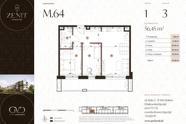 Rzut - Mieszkanie na sprzedaż 3 pokoje o powierzchni 56,45 m² - numer M64 w Zenit Głowackiego