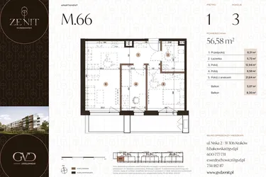 Rzut - Mieszkanie na sprzedaż 3 pokoje o powierzchni 56,58 m² - numer M66 w Zenit Głowackiego