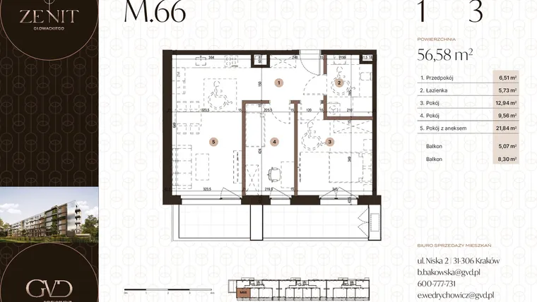 Rzut - Mieszkanie na sprzedaż 3 pokoje o powierzchni 56,58 m² - numer M66 w Zenit Głowackiego