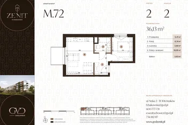 Rzut - Mieszkanie na sprzedaż 2 pokoje o powierzchni 36,13 m² - numer M72 w Zenit Głowackiego