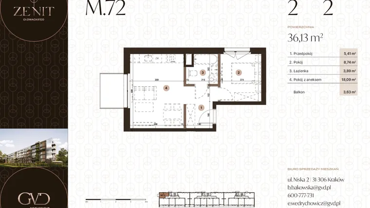 Rzut - Mieszkanie na sprzedaż 2 pokoje o powierzchni 36,13 m² - numer M72 w Zenit Głowackiego