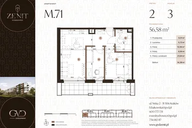 Rzut - Mieszkanie na sprzedaż 3 pokoje o powierzchni 56,58 m² - numer M71 w Zenit Głowackiego