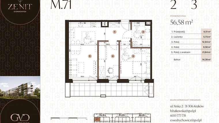 Rzut - Mieszkanie na sprzedaż 3 pokoje o powierzchni 56,58 m² - numer M71 w Zenit Głowackiego