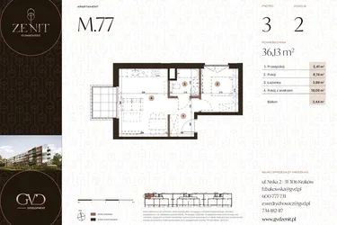 Rzut - Mieszkanie na sprzedaż 2 pokoje o powierzchni 36,13 m² - numer M77 w Zenit Głowackiego