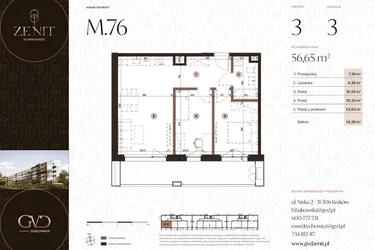 Rzut - Mieszkanie na sprzedaż 3 pokoje o powierzchni 56,65 m² - numer M76 w Zenit Głowackiego