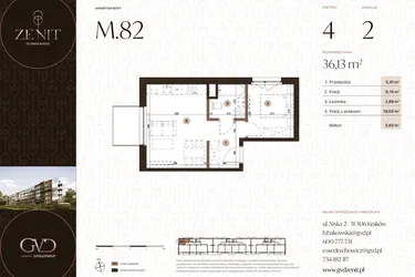 Rzut - Mieszkanie na sprzedaż 2 pokoje o powierzchni 36,13 m² - numer M82 w Zenit Głowackiego