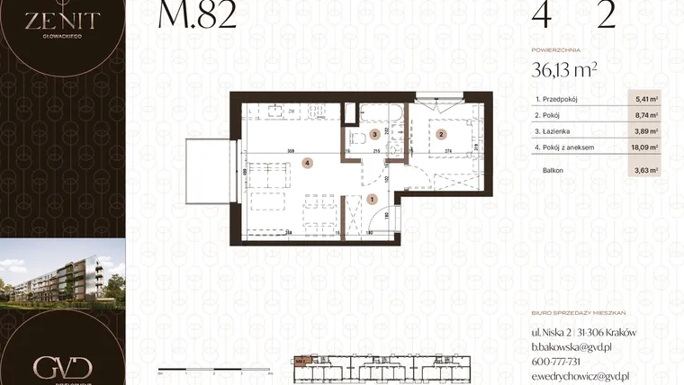 Rzut - Mieszkanie na sprzedaż 2 pokoje o powierzchni 36,13 m² - numer M82 w Zenit Głowackiego