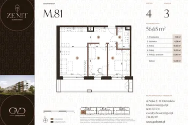 Rzut - Mieszkanie na sprzedaż 3 pokoje o powierzchni 56,65 m² - numer M81 w Zenit Głowackiego