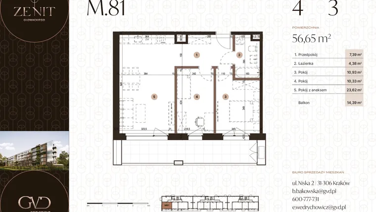 Rzut - Mieszkanie na sprzedaż 3 pokoje o powierzchni 56,65 m² - numer M81 w Zenit Głowackiego