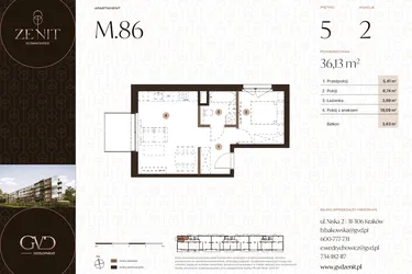 Rzut - Mieszkanie na sprzedaż 2 pokoje o powierzchni 36,13 m² - numer M86 w Zenit Głowackiego