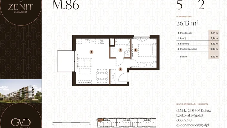 Rzut - Mieszkanie na sprzedaż 2 pokoje o powierzchni 36,13 m² - numer M86 w Zenit Głowackiego