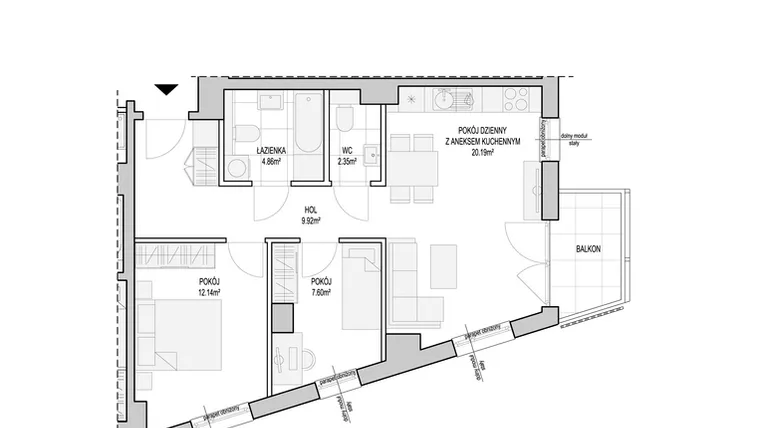 Rzut - Mieszkanie na sprzedaż 3 pokoje o powierzchni 57,06 m² - numer WO/T/13/43 w Wiszące Ogrody