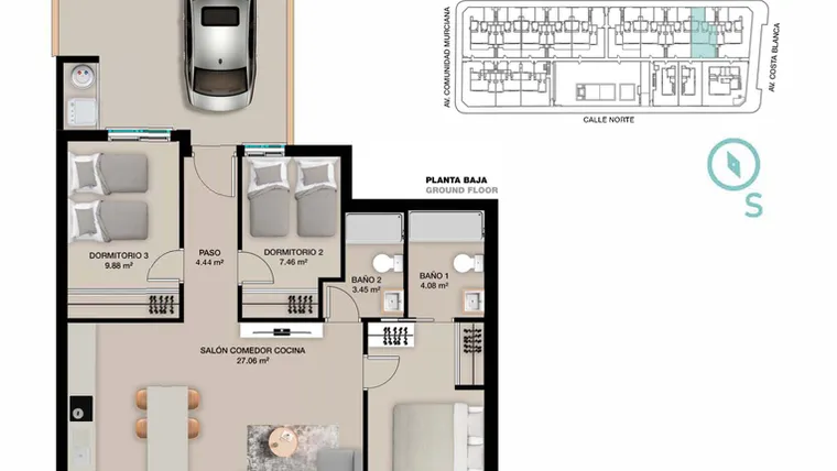 Rzut - Mieszkanie na sprzedaż 3 pokoje o powierzchni 87 m² - numer 113 w Apartamenty w Pilar de la Horadada -  37538395
