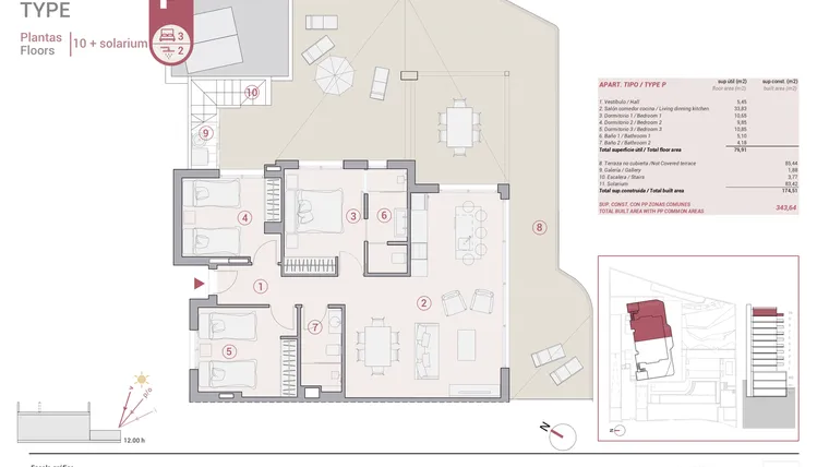 Rzut - Mieszkanie na sprzedaż 3 pokoje o powierzchni 343,65 m² - numer 10-P w Apartamenty w Calpe - 64774338