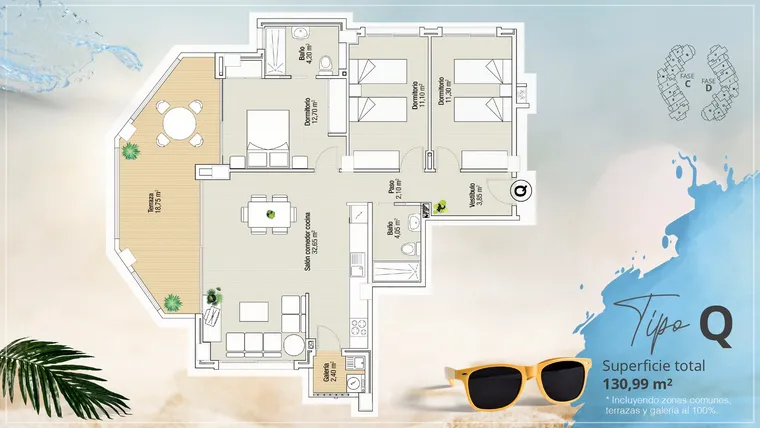 Rzut - Mieszkanie na sprzedaż 3 pokoje o powierzchni 130,99 m² - numer 307 w Apartamenty w La Manga del Mar Menor - 37756457
