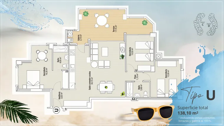 Rzut - Mieszkanie na sprzedaż 3 pokoje o powierzchni 138,1 m² - numer 226 w Apartamenty w La Manga del Mar Menor - 37756457