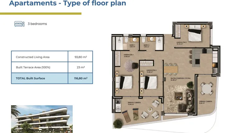 Rzut - Mieszkanie na sprzedaż 3 pokoje o powierzchni 116,8 m² - numer 5-2 w Apartamenty w Orihuela - 73289875
