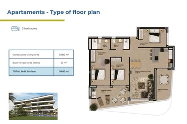 Rzut - Mieszkanie na sprzedaż 3 pokoje o powierzchni 116,8 m² - numer 4-2 w Apartamenty w Orihuela - 73289875