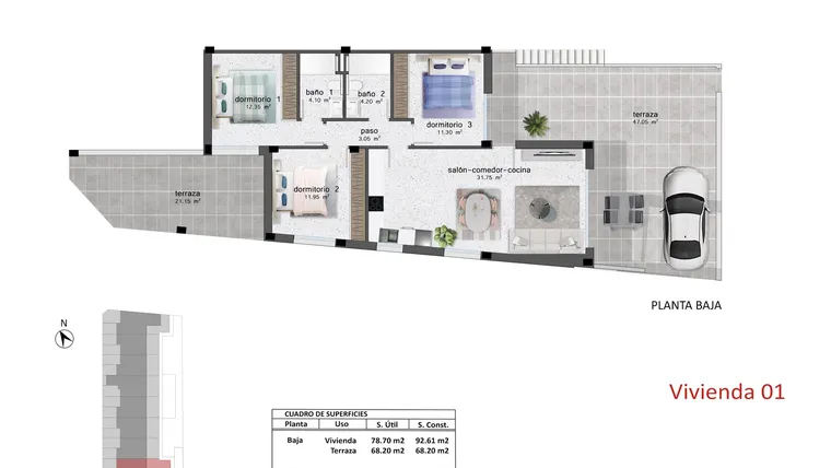 Rzut - Dom na sprzedaż 3 pokoje o powierzchni 92,61 m² - numer 1 w Domy w Pilar de la Horadada - 62773019