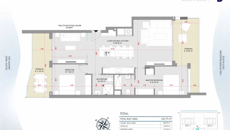 Rzut - Mieszkanie na sprzedaż 2 pokoje o powierzchni 122,19 m² - numer 1-1-B w Apartamenty w La Manga del Mar Menor - 47236454