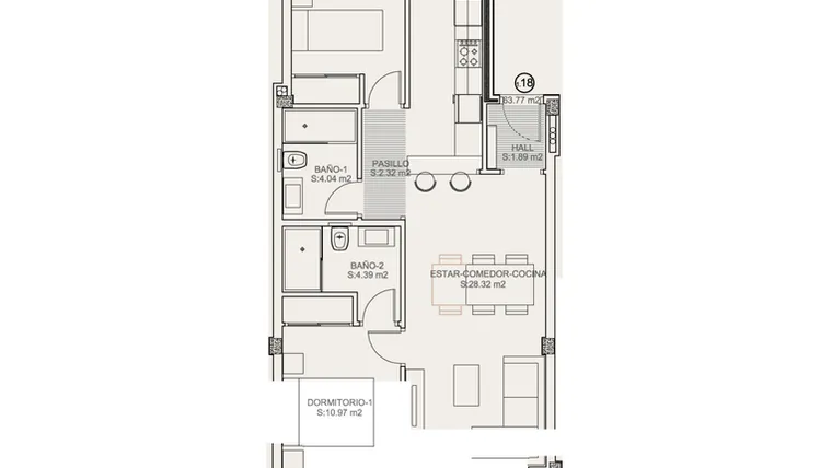 Rzut - Mieszkanie na sprzedaż 2 pokoje o powierzchni 102,9 m² - numer 1-1.18 w Apartamenty w Torrevieja - 51618202