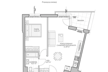 Rzut - Mieszkanie na sprzedaż 2 pokoje o powierzchni 44,69 m² - numer WO/O18/10 w Wiszące Ogrody