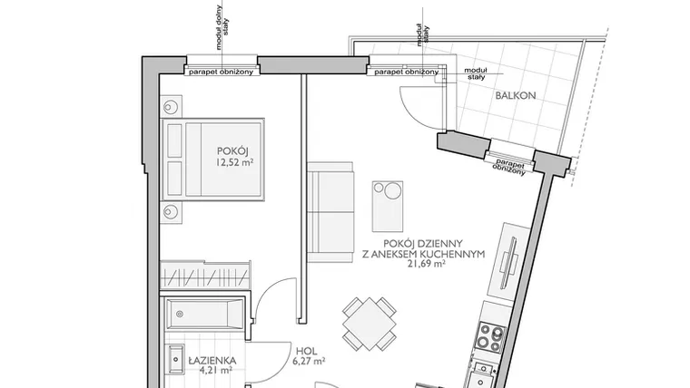 Rzut - Mieszkanie na sprzedaż 2 pokoje o powierzchni 44,69 m² - numer WO/O18/10 w Wiszące Ogrody