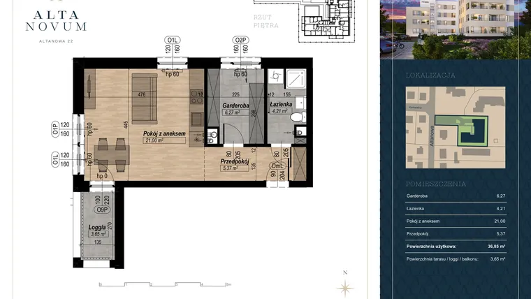 Rzut - Mieszkanie na sprzedaż 2 pokoje o powierzchni 36,73 m² - numer 1 w Alta Novum