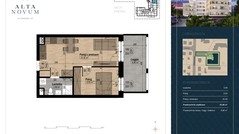 Rzut - Mieszkanie na sprzedaż 2 pokoje o powierzchni 33,49 m² - numer 7 w Alta Novum