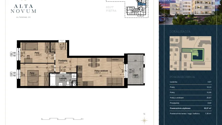 Rzut - Mieszkanie na sprzedaż 3 pokoje o powierzchni 55,57 m² - numer 12 w Alta Novum