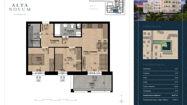 Rzut - Mieszkanie na sprzedaż 3 pokoje o powierzchni 56,51 m² - numer 16 w Alta Novum