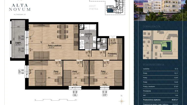 Rzut - Mieszkanie na sprzedaż 4 pokoje o powierzchni 80,85 m² - numer 22 w Alta Novum