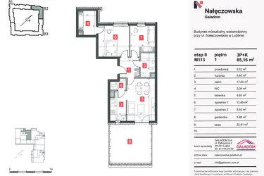 Rzut - Mieszkanie na sprzedaż 3 pokoje o powierzchni 65,19 m² - numer M-113 w Nałęczowska etap II