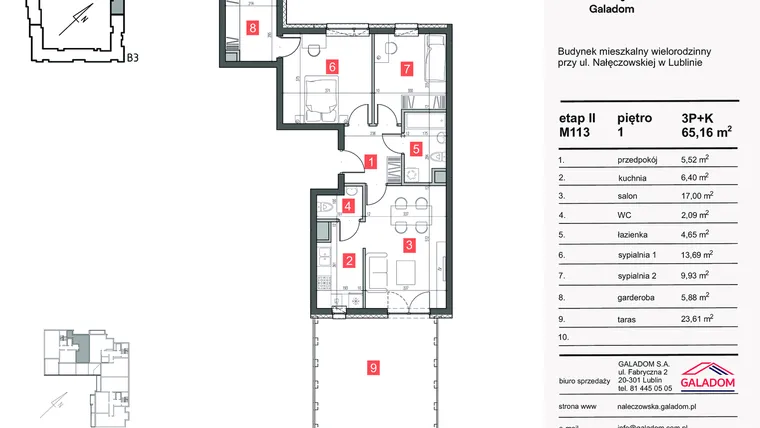 Rzut - Mieszkanie na sprzedaż 3 pokoje o powierzchni 65,19 m² - numer M-113 w Nałęczowska etap II